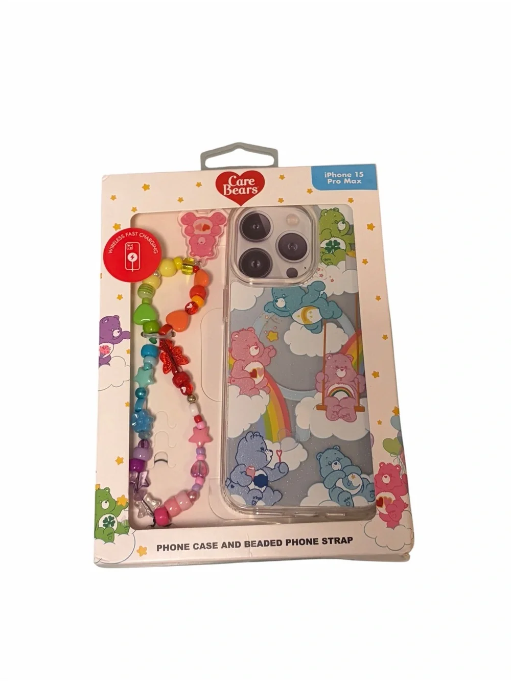 Care Bears Rainbow Cloud iPhone 15 Pro Max Case with Beaded Strap